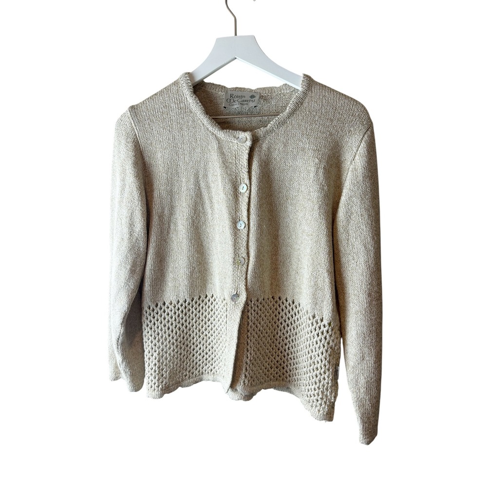 Roisin McCarthy Celtic Designs Oatmeal Beige Pointelle Knit Cardigan Sweater